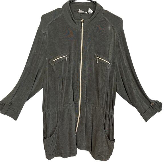 Chico's Travelers Liquid Knit Jacket Green Gray Full Zip Adjustable Waist Size L - Picture 1 of 7